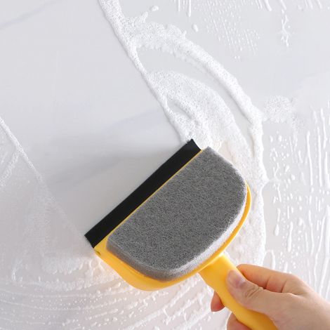 Outil de nettoyage de vitres 2 en 1 : raclette, éponge, grattoir et brosse pour portes de douche et de salle de bain en verre. (1/5)