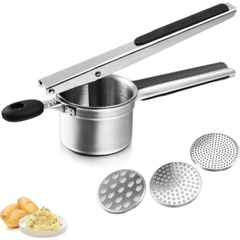 Presse-purée manuel en acier inoxydable pour purée de pommes de terre et de légumes, avec 3 disques interchangeables. Compatible lave-vaisselle. (1/4)