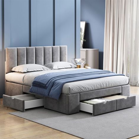 Lit rembourré velours gris 140x200 avec sommier à lattes, tête de lit & 4 tiroirs – sans matelas (1/5)