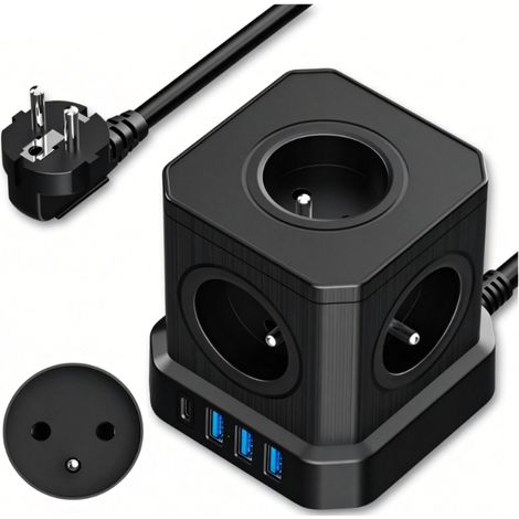 (Noir) Multiprise (16A/4000W) 5 Prises françaises avec 3 Ports USB et 1 Port Type C, Bloc Multiprise Parafoudre et Surtension avec Interrupteur, Câble