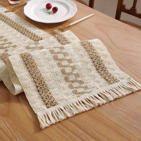 Tischläufer im böhmischen Stil mit Quasten, 30,5 x 200 cm, cremefarben und braun, rustikal. Für Zuhause, Küche und Feiertage. (1/5)