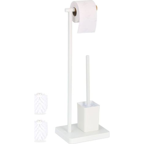 Relaxdays Porte-brosse WC acier inox & bambou, support papier toilette hygiénique avec têtes de rechange 66,5x23x18 cm (1/5)