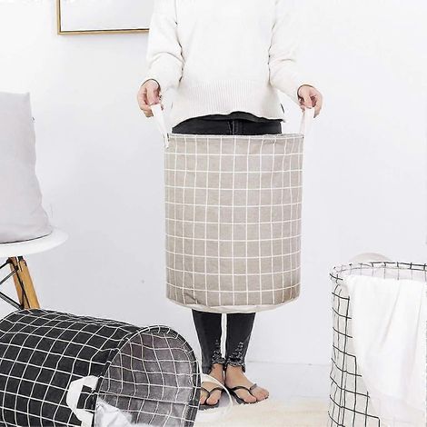 Grands paniers à linge, panier de rangement rond, imperméable, en coton et lin, pliable (beige) (1/5)