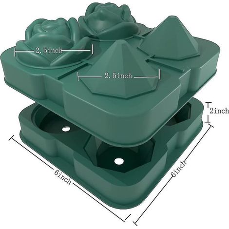 Silikon-Eiswürfelform 0-zu-0, grün, mit 2 Mulden in Form einer Rose und 2 Mulden in Form eines Diamanten, für kugelförmige Eiswürfel von 6,35 cm (2,5 Zoll). (1/4)