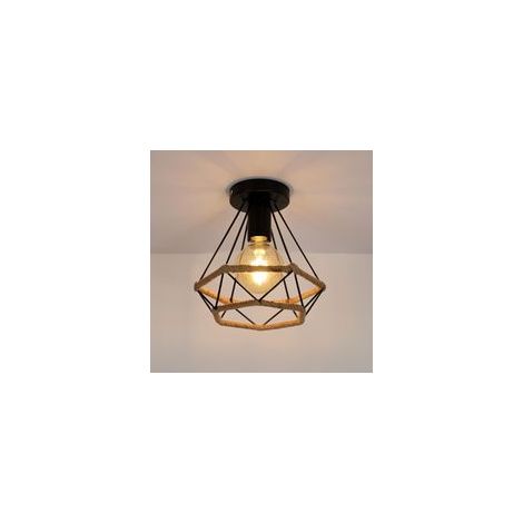 Plafonnier industriel en métal noir et corde de chanvre – Abat-jour 25cm x 25cm – Douille E27 pour ampoules LED – Pour salons et cuisines Source lumineuse non incluse (1/4)