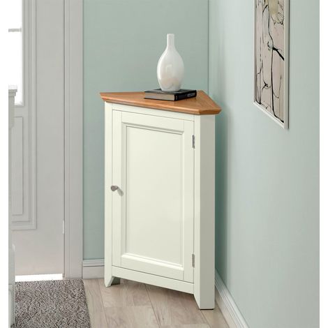 Hallowood Furniture Clifton Green Off White Corner Storage Cabinet with Light Oak Top, Small Cupboard with Adjustable Shelves, Storage Corner Unit For Living Room, Dining Room or Kitchen (1/5)