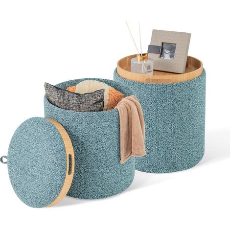 Costway – Lot de 2 poufs rangement ronds – Capacité 41L et 25L – Plateau réversible en bois et tissu – Design emboîtable pour chambre et salon – Bleu (1/5)