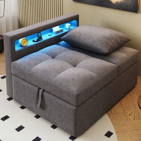 DESVIAE Canapé Lit Convertible Trois en Un en Lin avec Dossier Réglable LED USB Type C pour Petits Espaces Gris Foncé (1/3)