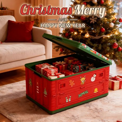 Boîte de rangement pliable édition Noël - 43,5 x 23,5 x 28,5 cm - Boîte à poussière en plastique pour vêtements, jouets, livres et articles ménagers - Boîte de rangement pliable pour la maison (1/5)