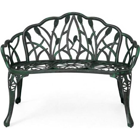 Banco de jardín de aluminio verde vintage con respaldo decorativo y reposabrazos (1/5)