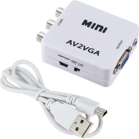 Convertisseur audio-vidéo AV (RCA) vers VGA, compatible avec les résolutions 1080p et 720p, avec port d'entrée audio 3,5 mm, pour décodeur TV et PC. (1/4)