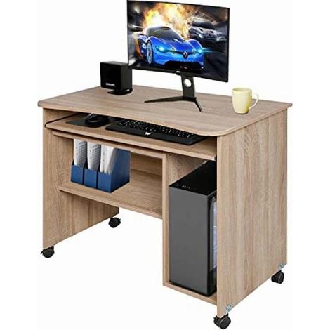 Scrivania Tavolo con Porta Tastiera Coputer e Ripiano in Legno con Ruote Quercia (1/5)