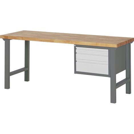 STIER Werkbank Premium, 3 Schubladen, 200x70x84 cm, robuste Konstruktion aus pulverbeschichtetem Stahl und Buche, perfekt für anspruchsvolle Montagearbeiten in Werkstattumgebungen