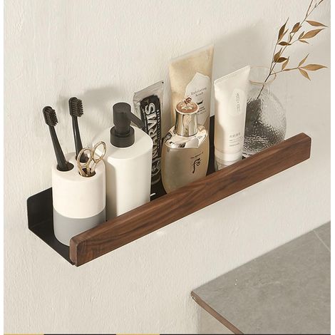 Étagère murale flottante en métal noir pour salle de bain, étagère murale décorative avec bords en bois massif, gain de place, antirouille extra forte (40 cm) (1/5)
