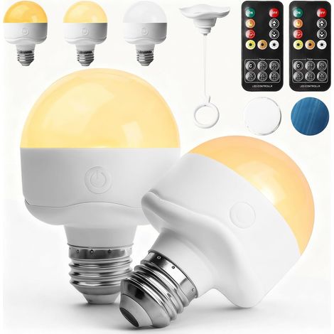 Lot de 2 ampoules rechargeables avec télécommande, ampoule E27 rechargeable, 3 couleurs, intensité variable, magnétique, amovible, ampoule LED avec fonction minuterie (1/5)