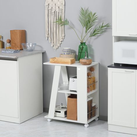 Isla de cocina, carrito auxiliar con estantes de almacenamiento y especieros, color blanco. (1/5)