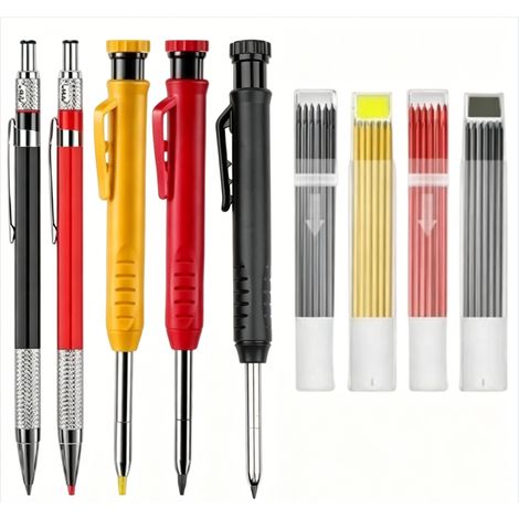 Lot de 5 crayons de charpentier mécaniques – Taille-crayon intégré – 40 recharges pour marquage précis sur bois et papier