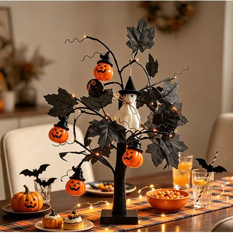 Arbre lumineux de table Halloween 60×35 cm, pendentifs citrouilles avec chapeau, alimentation USB ou piles