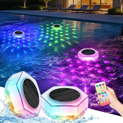 Lumiere Piscine Flottante Solaire Lampe Piscine Télécommande Étanche Eclairage Piscine Hors Sol 7 Couleurs RGB Lumiere Spa Jardin Baignoire Etang Aquarium Fête (1/5)
