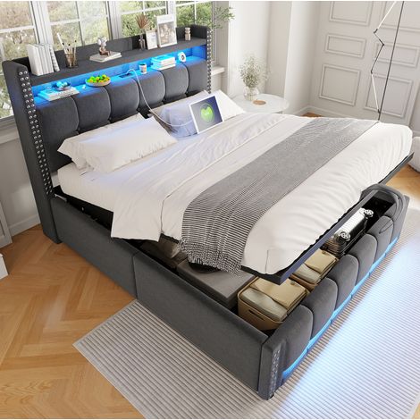 Letto imbottito moderno 140x200 cm in tessuto effetto lino grigio, con testiera con mensole, LED e USB, contenitore (1/5)