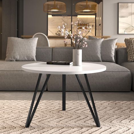 AX LIVING Couchtisch rund Cossie 67 cm weißer Tisch Schwarzes Gestell