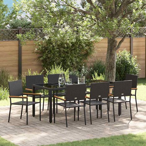 Conjunto de Comedor de Jardín 9 pcs Negro 190 x 90 x 75 cm