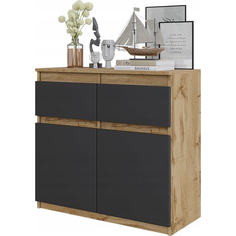 Kommode 80 cm Wotan Eiche / Anthrazit 2 Schubladen 2 Türen 2 Einlegeböden
