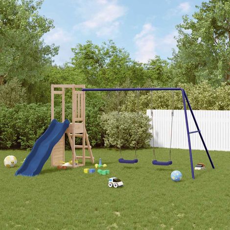 Aire de jeux extérieure en pin massif avec balançoire double et toboggan, 308 x 236 x 169 cm - PANGIVO (1/5)