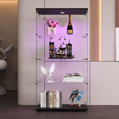 Glasvitrine, Sammlervitrine, LED-Vitrine, Glasvitrine mit LED-Beleuchtung, 36×80×164 cm, Schwarz