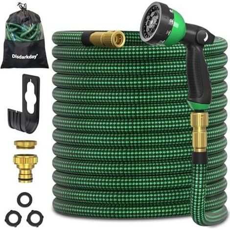 15 m langer, dehnbarer Gartenschlauch mit 1/2"- und 3/4"-Adaptern, 10 Bewässerungsmodi, strapazierfähiger dreilagiger Latex-Anschlusstasche, grün, 15 m (1/5)