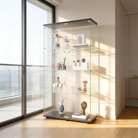 Vitrine haute 4 étagères avec porte et serrure, verre trempé, noir (1/5)