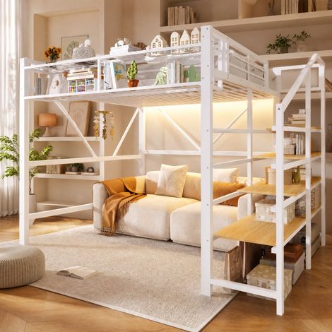 Letto a soppalco 251.5x163x170 cm, con luce LED, scaffale a gradini, cesto portaoggetti, MDF e metallo, bianco (1/5)