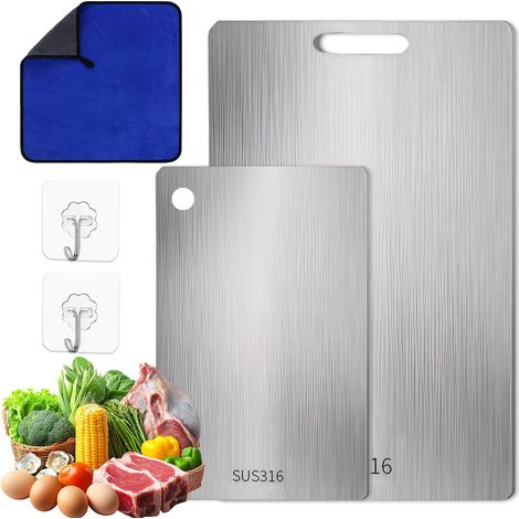 Planche à Découper Inox 2 pièces, Antibactérienne Cutting Board Acier Inoxydable 316 avec crochets et lingettes, pour Couper Viande, Fruits et Légumes(34  23cm + 25  15cm） (1/5)