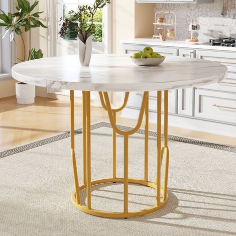 Mesa de Comedor Redonda con Tablero Efecto Mármol y Patas Ajustables, en MDF y Metal, 80 x 80 x 76 cm, Dorado