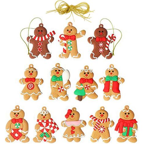 12 adornos navideños de hombre de jengibre para el árbol con cuerda (de regalo) (1/2)