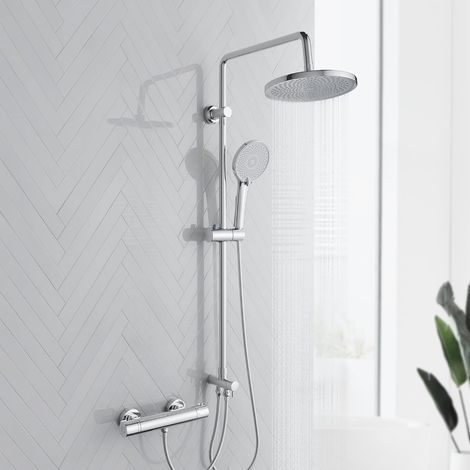 Colonne de douche avec mitigeur thermostatique,Système de Douche avec Thermostat,Douche à effet pluie de forme ronde et douche à main,Hauteur 95cm,Chrome (1/5)