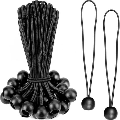 30 Pièces Tendeur Élastique avec Boule, 20 cm Tendeur pour Bâche avec Balle en PP, Corde élastique Noire de Fixation pour Camping, Tente, Auvent, Voile D'ombrage et Rideaux (1/5)