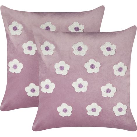 Lote de 2 cojines decorativos cuadrados de terciopelo borado con patrón de flores en color violeta 45 x 45 cm Echinacea