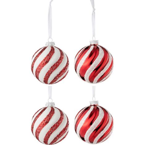 Lot de 4 Boules de Noël "Orge" 10cm Rouge & Blanc