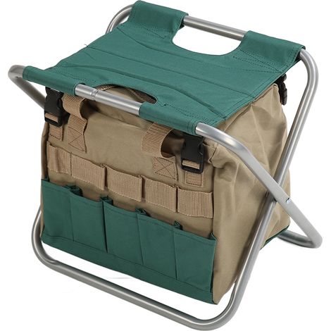 Tabouret pliant robuste avec sac et trousse à outils de jardinage multifonctionnelle argentée (1/5)