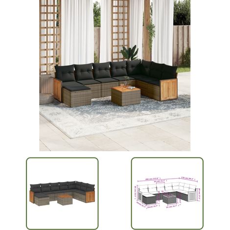 The Living Store 9-tlg. Garten-Sofagarnitur mit Kissen Grau Poly Rattan - Gartenmöbel Set - Esstisch - Lounge Möbel - Outdoor Möbel - Rattan Gartenmöbel (1/3)