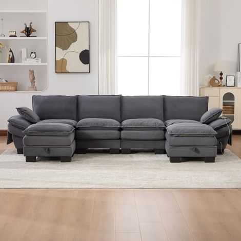 Divano modulare 4 posti 330/132/84 cm in velluto a coste grigio scuro con 2 pouf, USB-C e vani laterali (1/5)