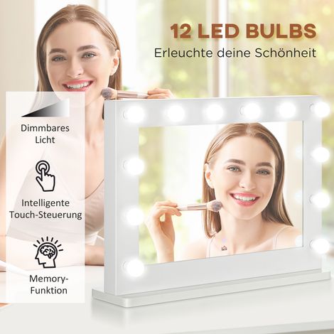 Miroir de coiffure lumineux Hollywood, gradation tactile, mémoire d'éclairage, 12 ampoules LED réglables, blanc, 80x60 cm (1/4)
