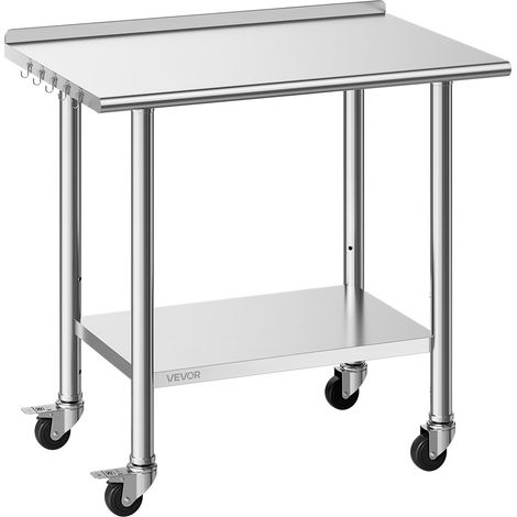 Table de Travail Cuisine Professionnelle, Table Centrale Inox 91,5x61 cm 2 Niveaux, pour Préparation Café Hôtel Restaurant, Poste de Travail en Acier Inoxydable sur Roulettes, avec Dosseret (1/5)