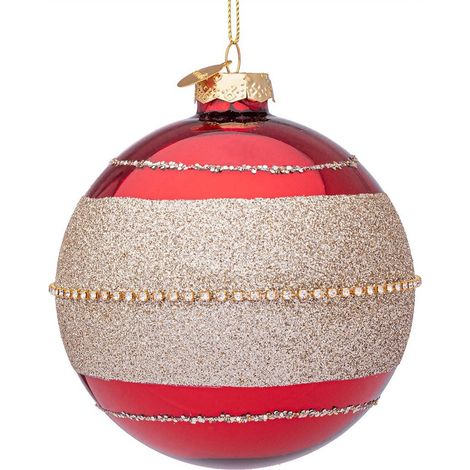 Palline per albero di Natale in vetro e medaglietta decorate color Rosso -4 sfere da 10 cm