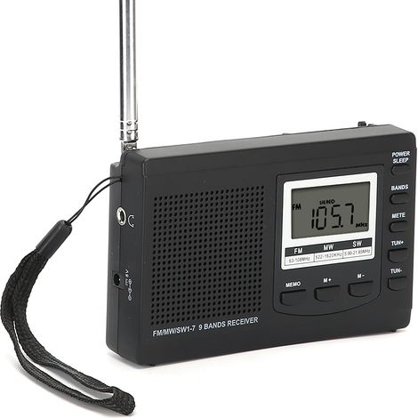 Mini radio portable FM/MW/SW avec réveil numérique, noire.