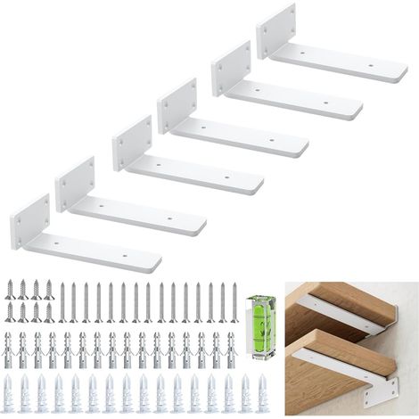 Lot de 6 équerre étagère flottants robustes de 4 mm d'épaisseur, supports métalliques pour étagères, supports d'étagère rustiques (15 cm, blanc) (1/5)