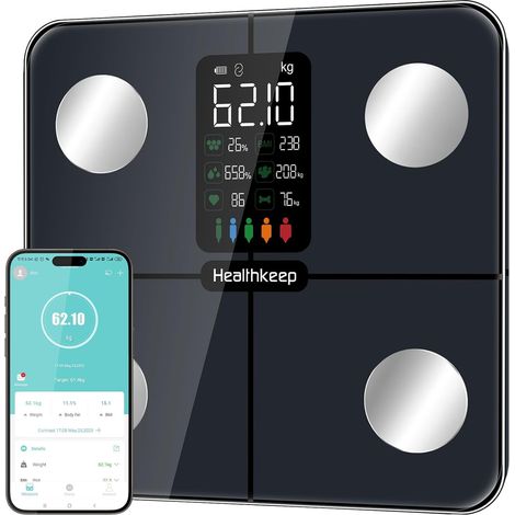 Balance Pèse Personne Balance Connectée Impédancemètre avec Affichage VA 15 Données Corporelles et Fréquence Cardiaque pour APP Andriod et iOS Max. 180kg/400lb, Bleu (1/5)