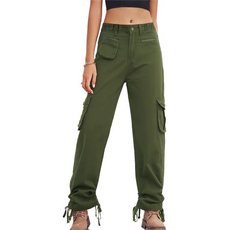 Pantalon Cargo Femme - Ceinture Latérale À Cordon - Plusieurs Poches - Couleur Unie - Vert Olive - Taille L (1/5)