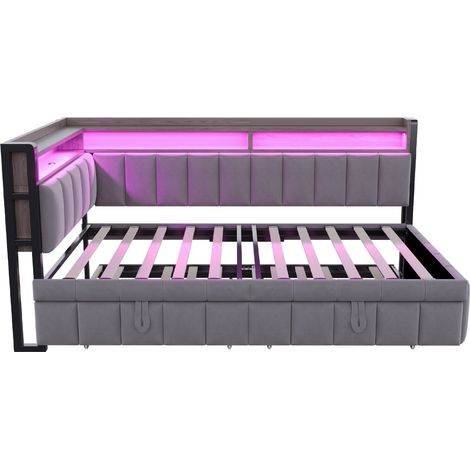Cama tapizada sofá cama 90x200 cm con cama extraíble, LED, USB-C, terciopelo gris oscuro (1/5)